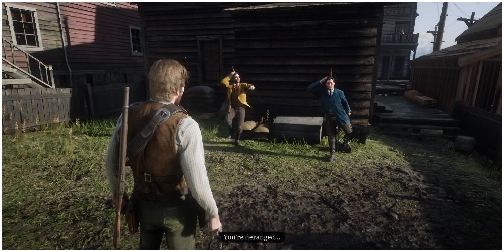 The two brothers, waiting for Arthur to shoot the bottle in Red Dead Redemption 2