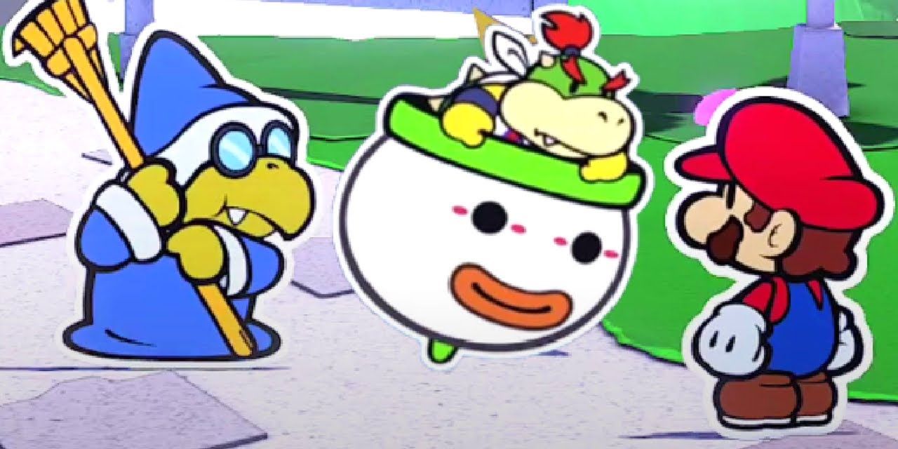 Kamek, Bowser Jr., and Mario in Paper Mario: The Origami King