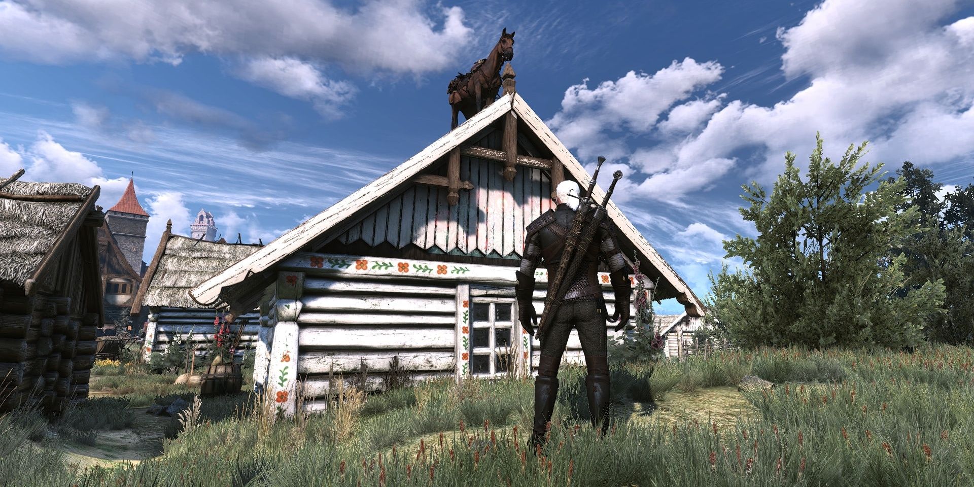 Geralt looking at Roach on a roof