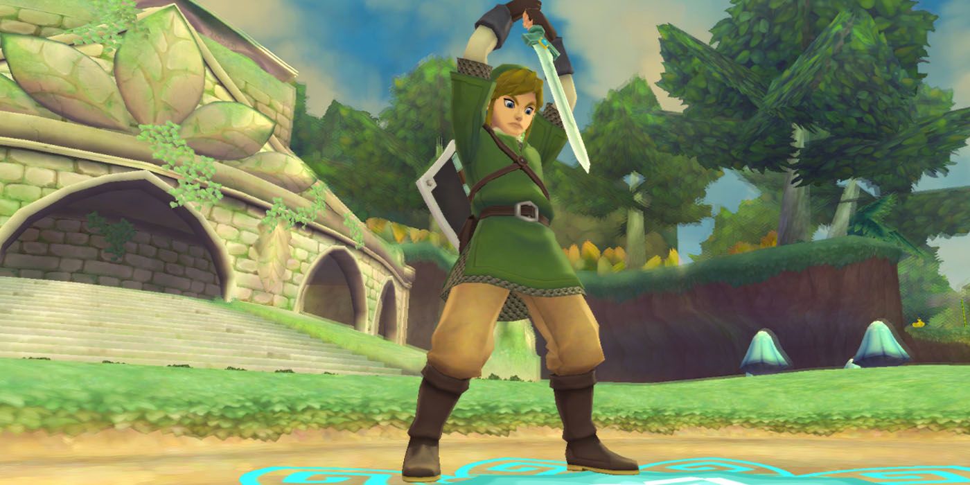 Link thrusting his sword down at glowing symbol in The Legend of Zelda Skyward Sword switch