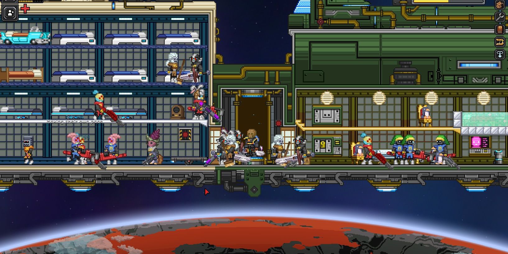Starbound Multiplayer busy ship with various lodgings, rooms, hovering over planet