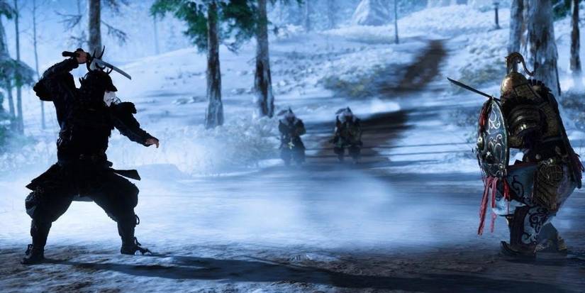 Ghost of Tsushima Jin and General Bartu preparing to duel