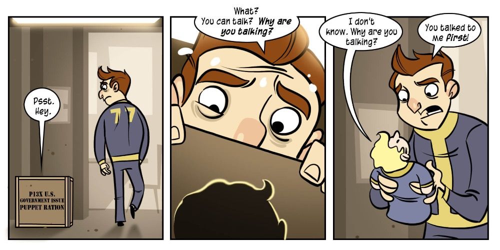 Promotional Comic Featuring A Resident Of Vault 77 Talking To A Puppet