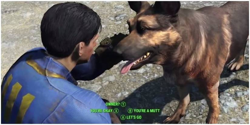 Fallout 4 The player petting Dogmeat
