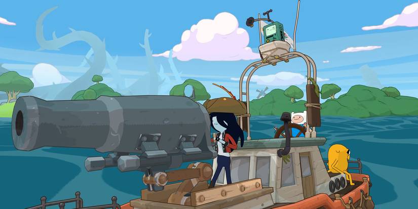 adventure time characters on a boat with a cannon