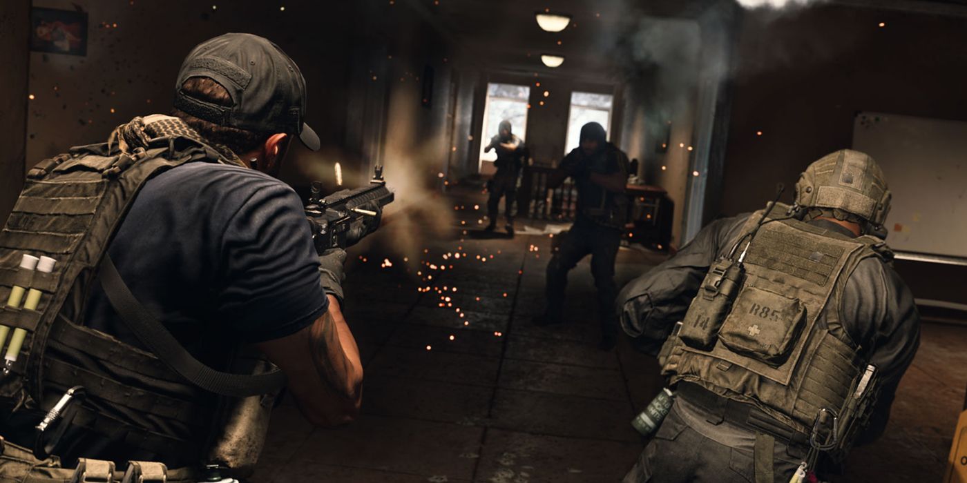 two operators in a gunfight in hallway