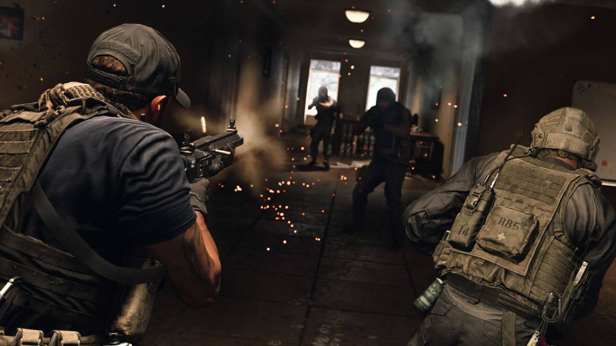 two operators in a gunfight in hallway