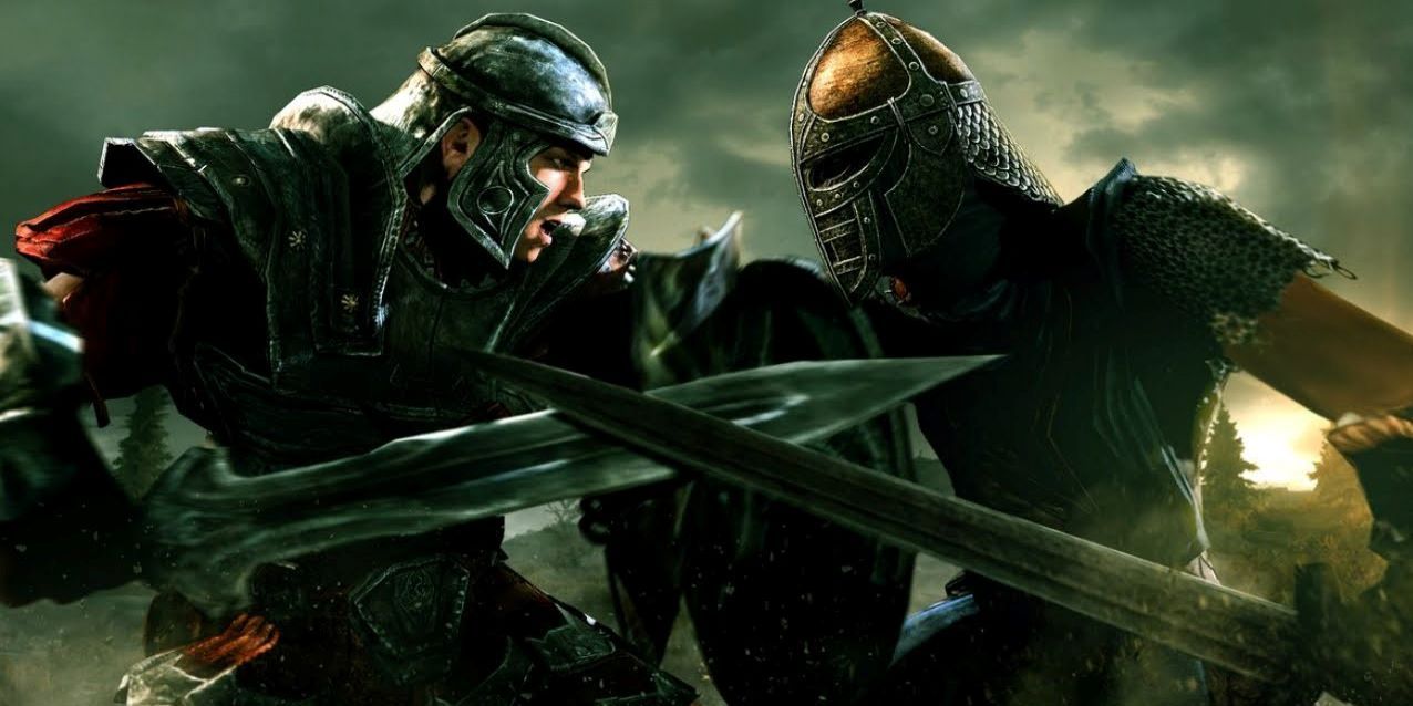 an Imperial and Stormcloak soldier clashing