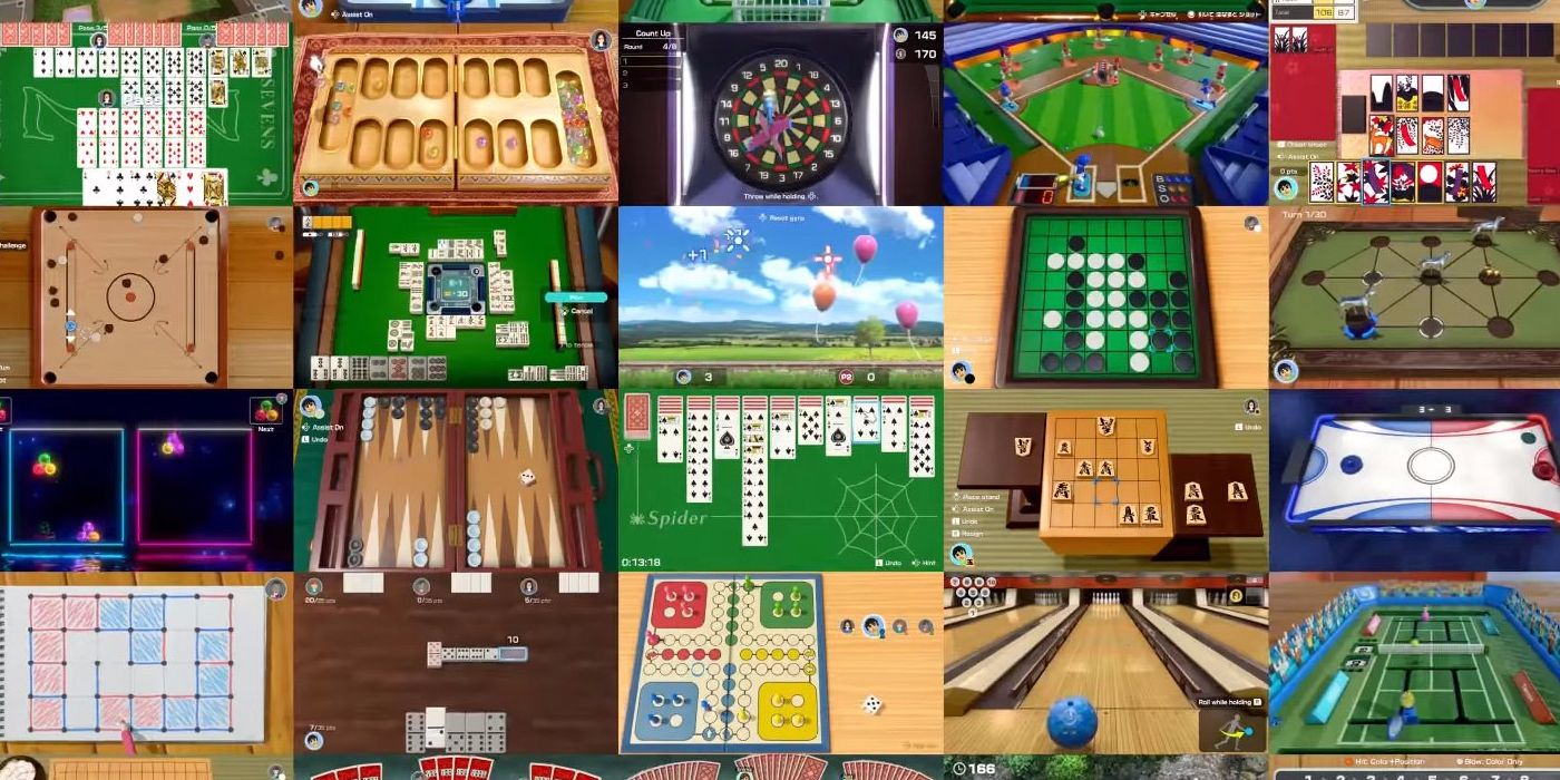 Split images of various minigames in Clubhouse Games 51 Worldwide Classics - card, sports, and board games