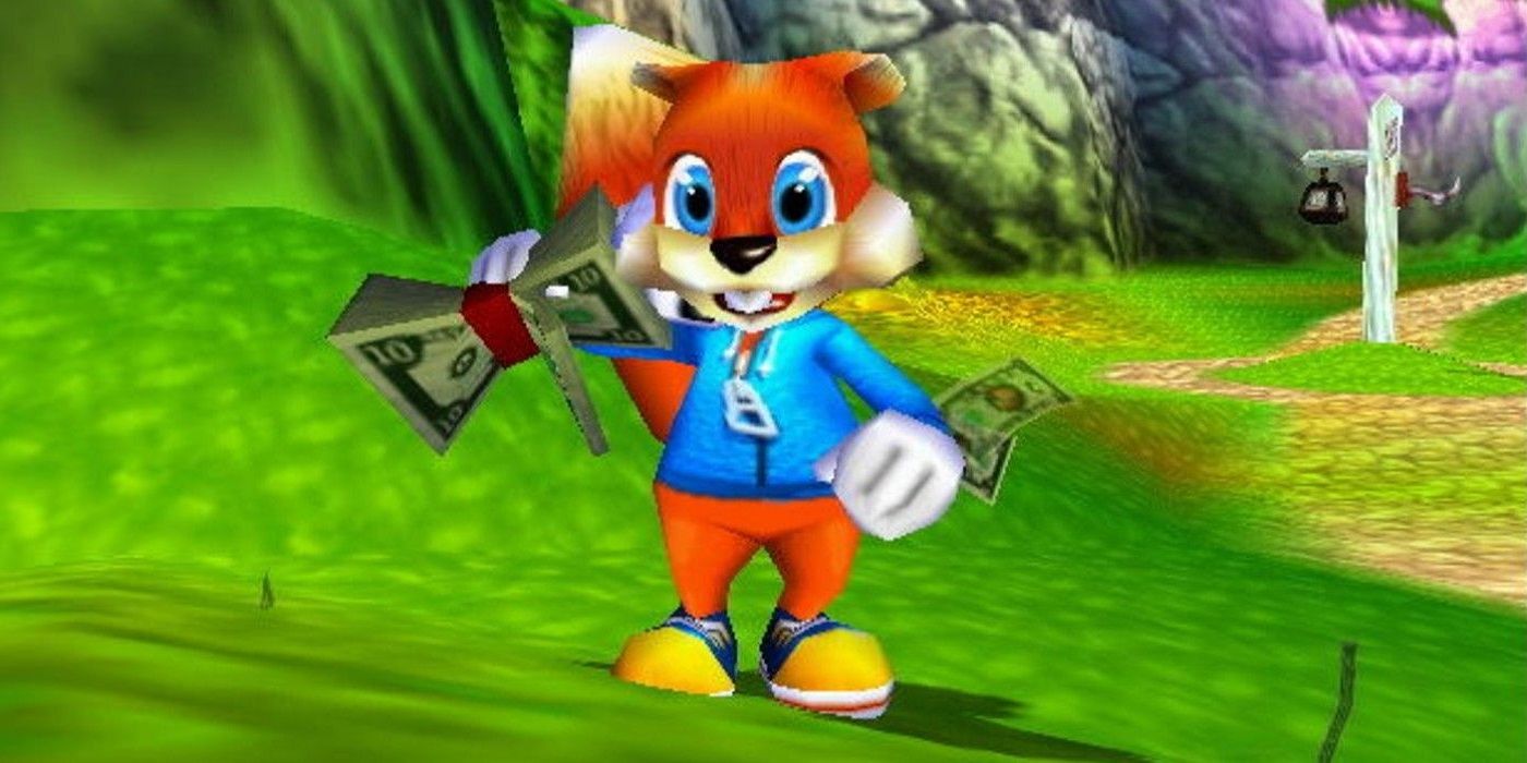 Conker holding cash in Conker's Bad Fur Day