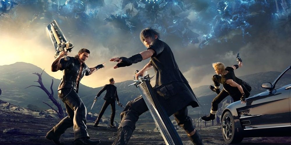 final fantasy xv cutscene with main characters twilight hour with car