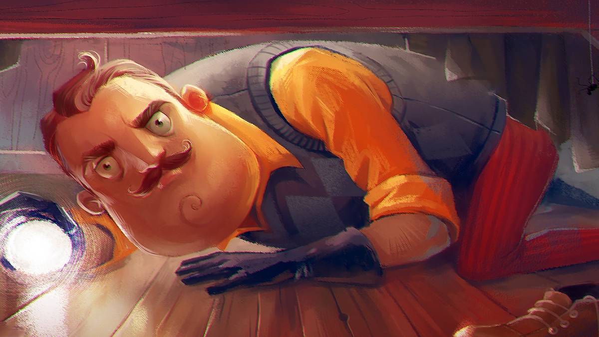 neighbor with flashlight peeking in car in Hello Neighbor