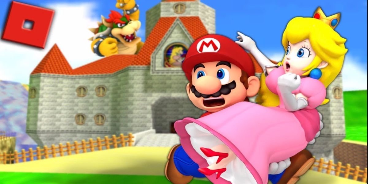 Mario holding Peach with Bowser in the background