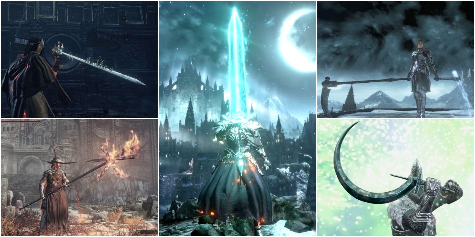 moonlight greatsword (old moonlight sorcery), crystal sage's rapier, immolation tinder, crescent moon sword, and friede's great scythe.