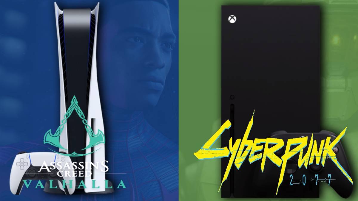 ps5 xbox series x comparison with ac valhalla and cyberpunk logos