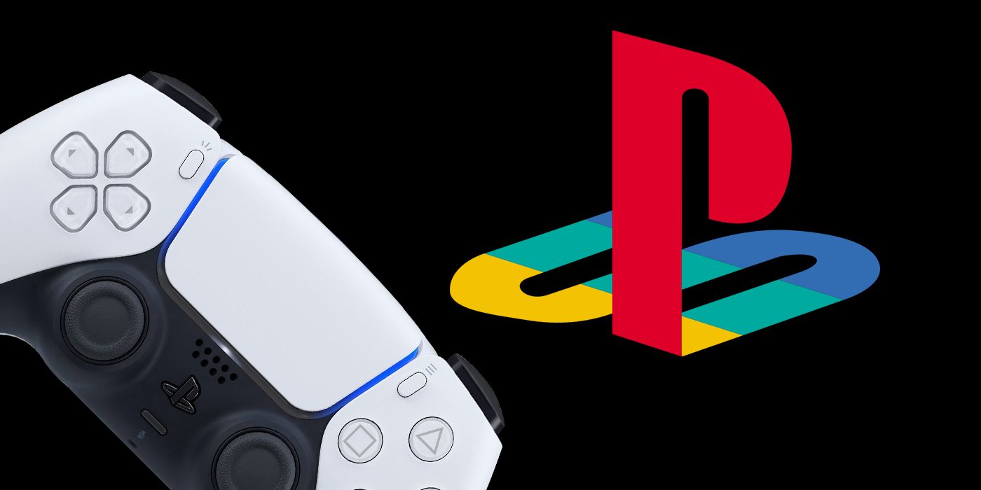 DualSense Controller next to classic PlayStation logo