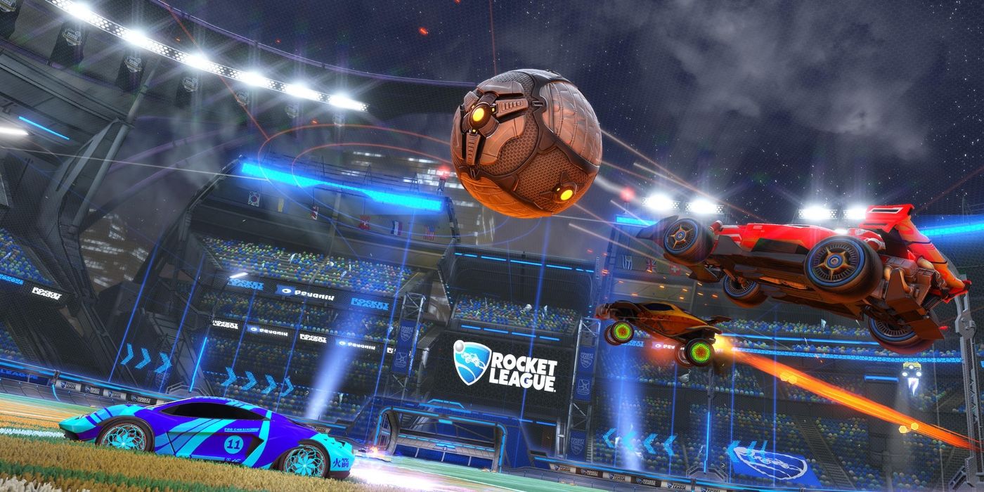 Rocket League, two cars aerialy challenging for the ball