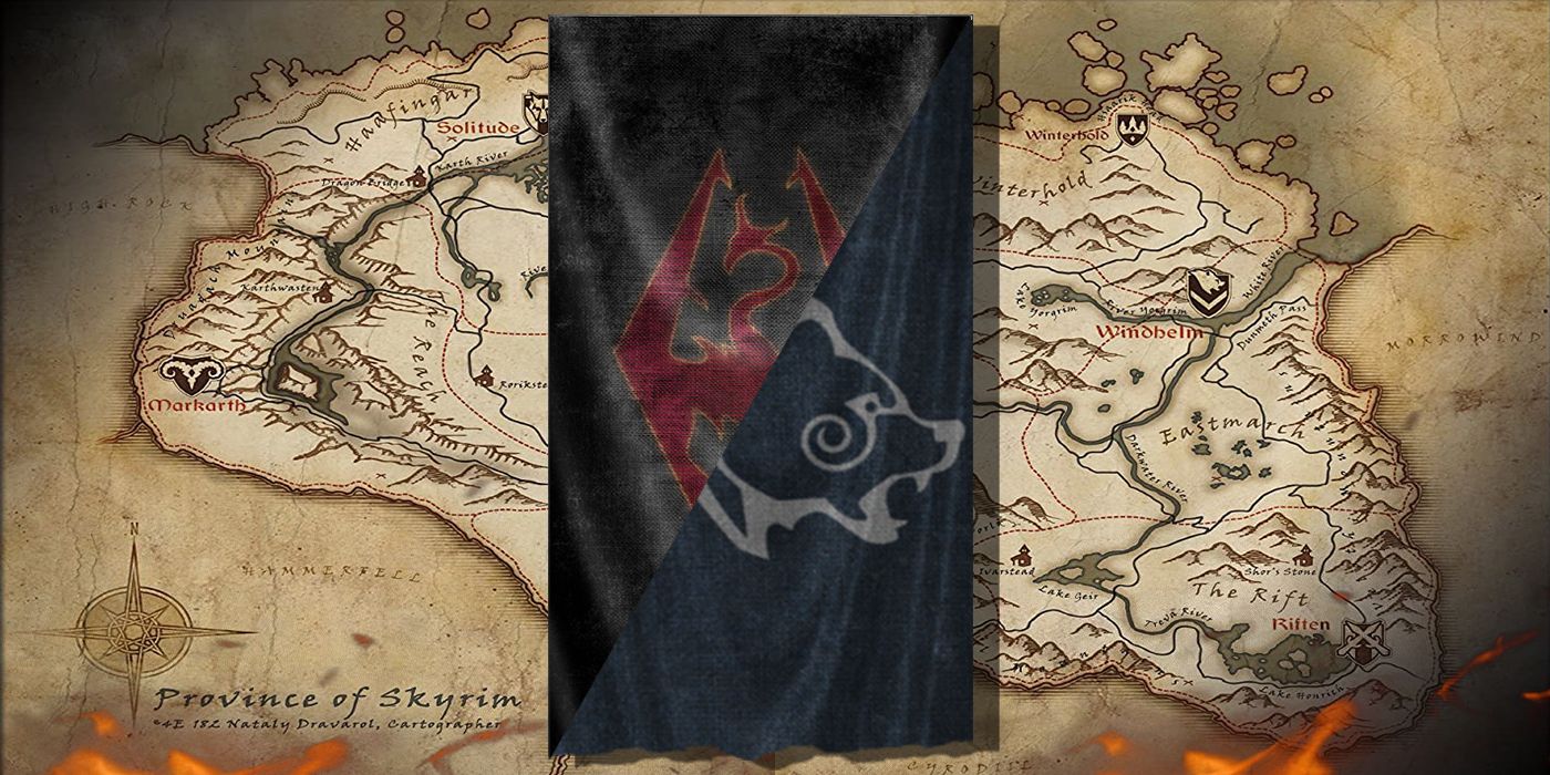 Imperial and Stormcloak flags over Skyrim