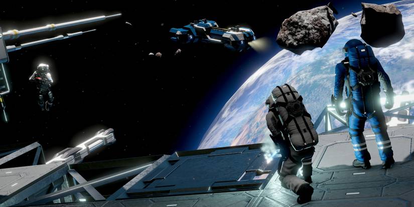 Two astronauts standing on a ship looking out at space and a planet while another astronaut floats in Space Engineers 