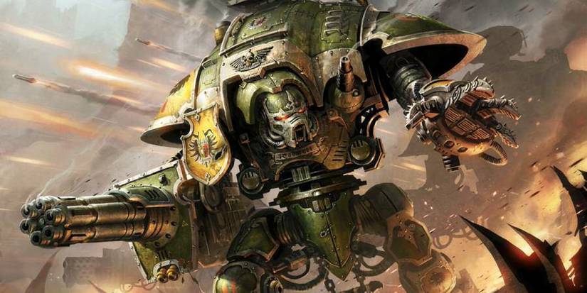 heavily armored knight with a gatling gun.