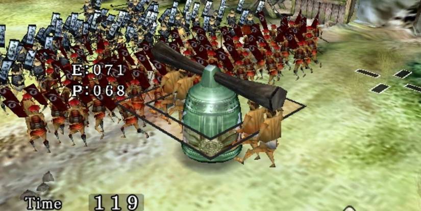 Odama army holding line by large bell and gates