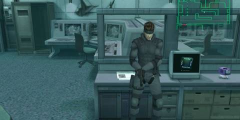 Metal Gear Solid: The Twin Snakes Snake hiding beyond office desk with GameCube