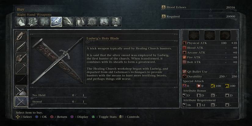 6- Bloodborne Ludwig's Holy Blade Status Screen