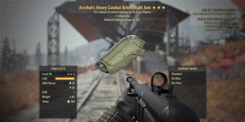 Fallout 76 menu screen showing a piece of armor with the Acrobat's Legendary Effect