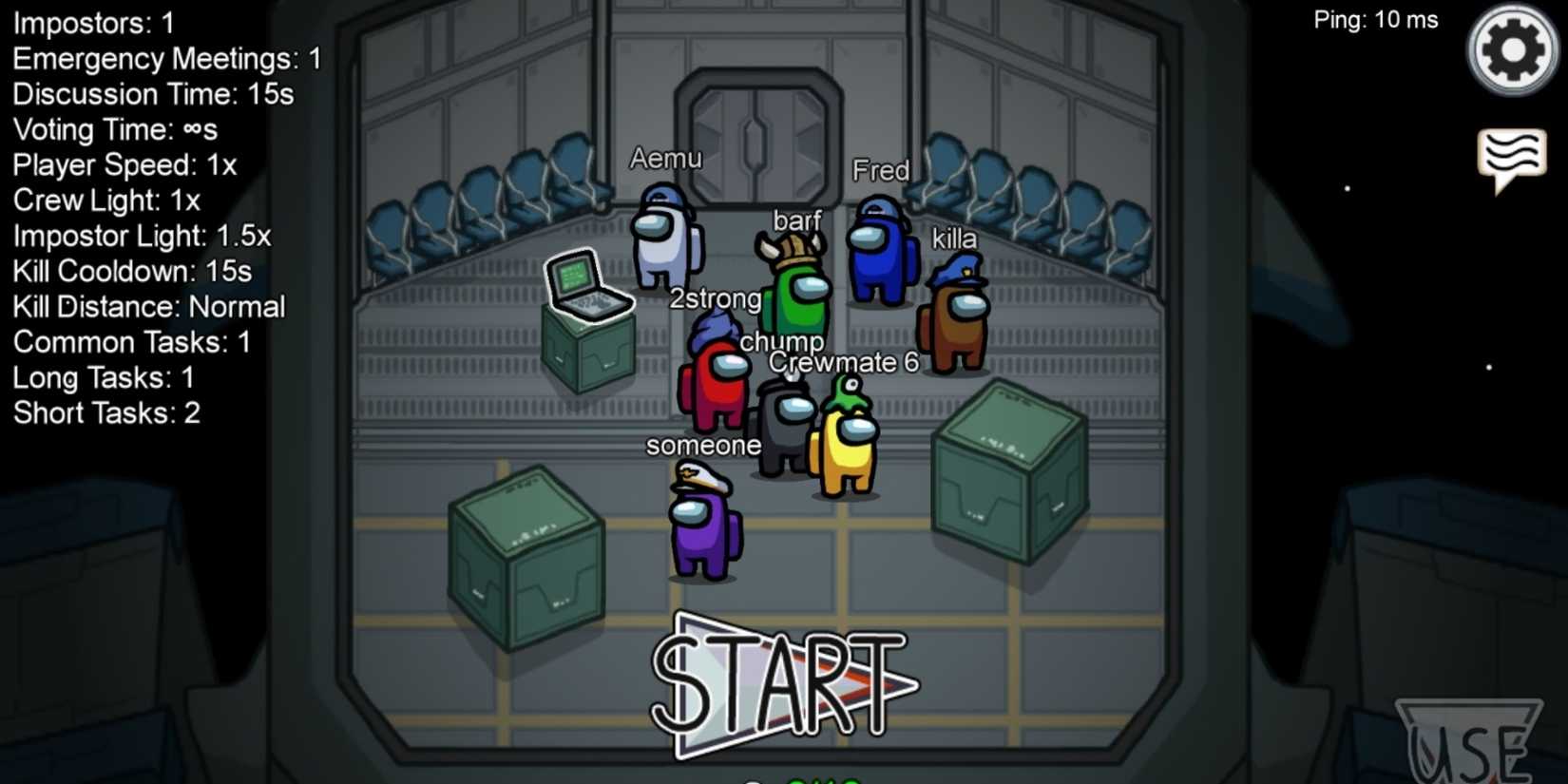 An Among Us lobby with players standing around