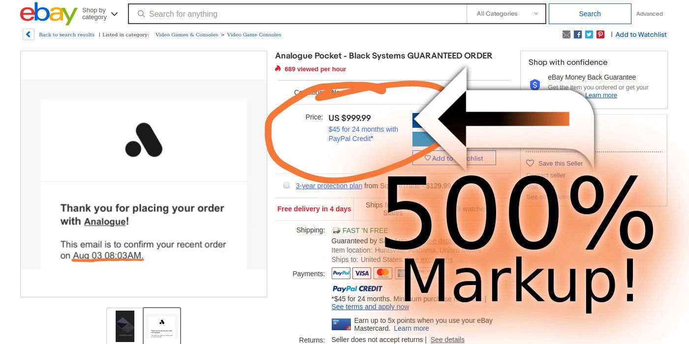 Scalpers list Analogue Pocket for $1000, a 500% markup.