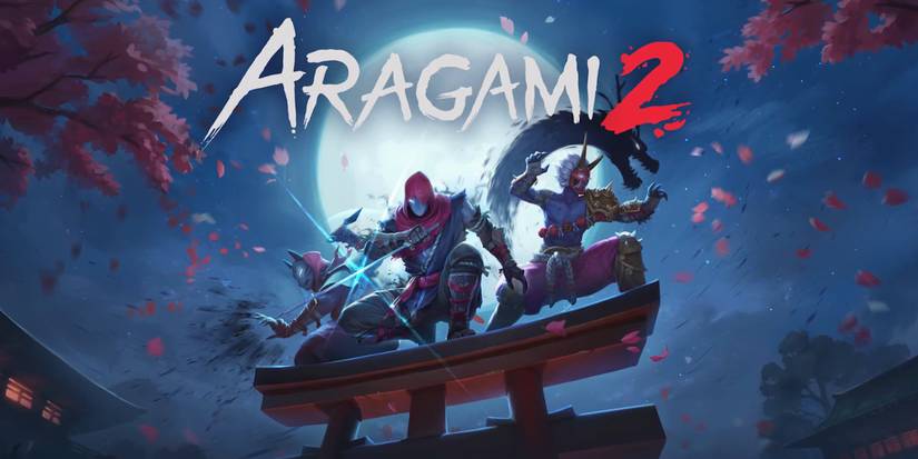 Aragami 2 logo with three warriors backlit by the moon atop a wooden structure.