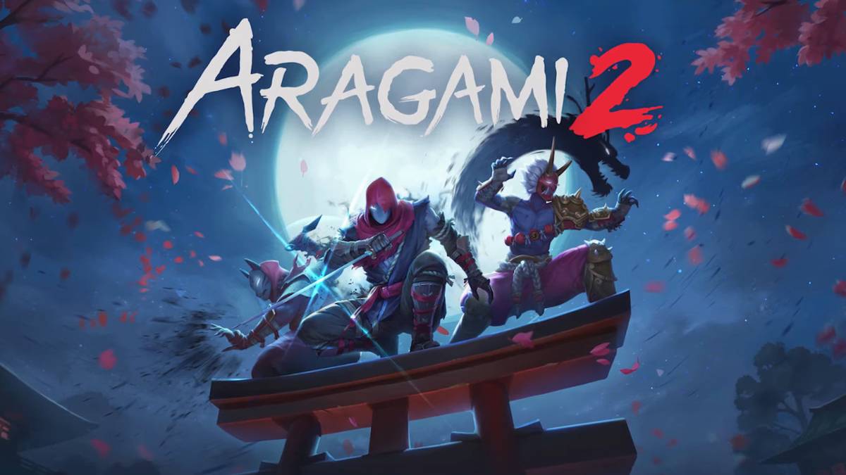 Aragami 2 logo with three warriors backlit by the moon atop a wooden structure.