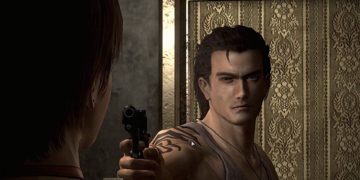 Billy points gun at Rebecca in Resident Evil 0