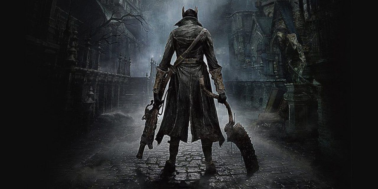 Bloodborne title image of playabe character stadning with weapons