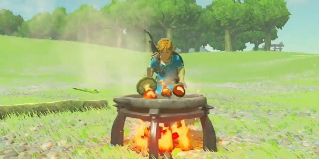 Link making food in Breath of the Wild