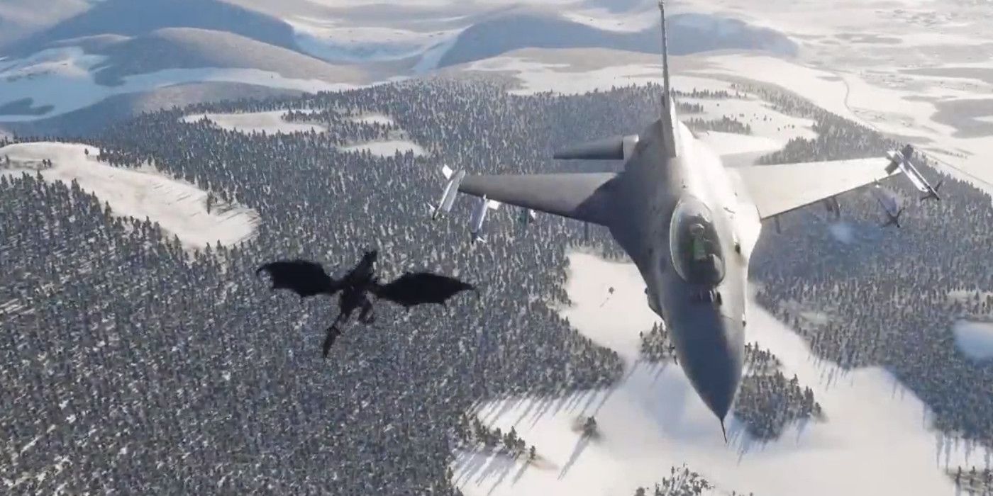 A fighter jet flies past a dragon in Digital Combat Simulator.