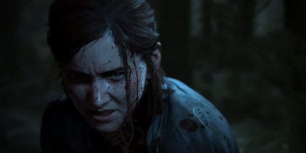 Elli with a vicious expression with blood on her face in The Last of Us Part II
