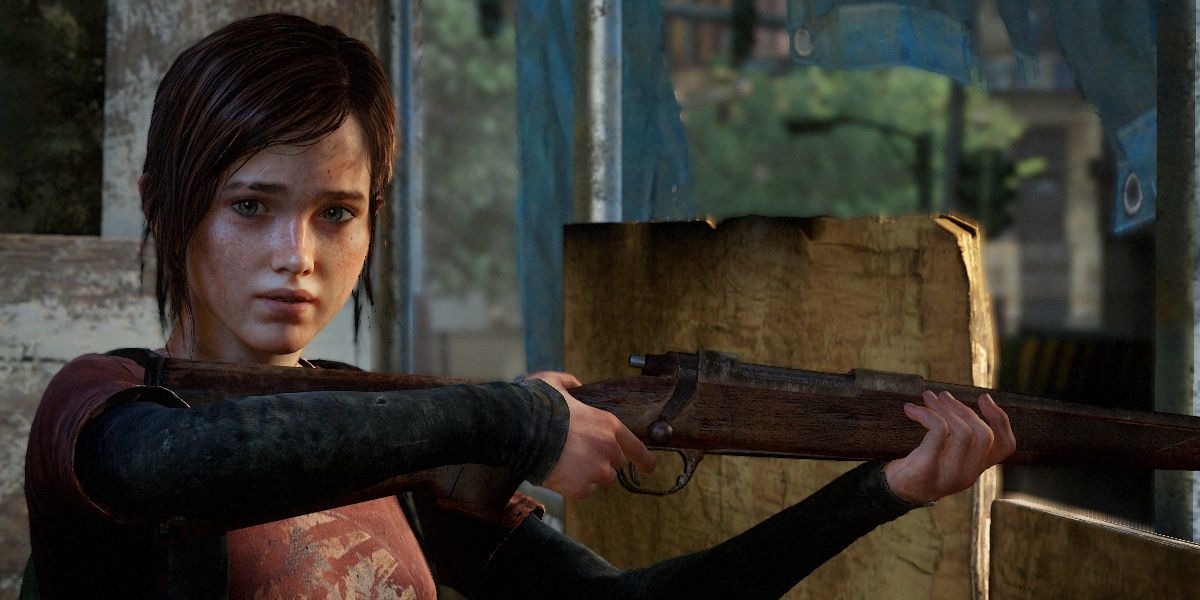 Ellie menggunakan senapan berburu di The Last of Us