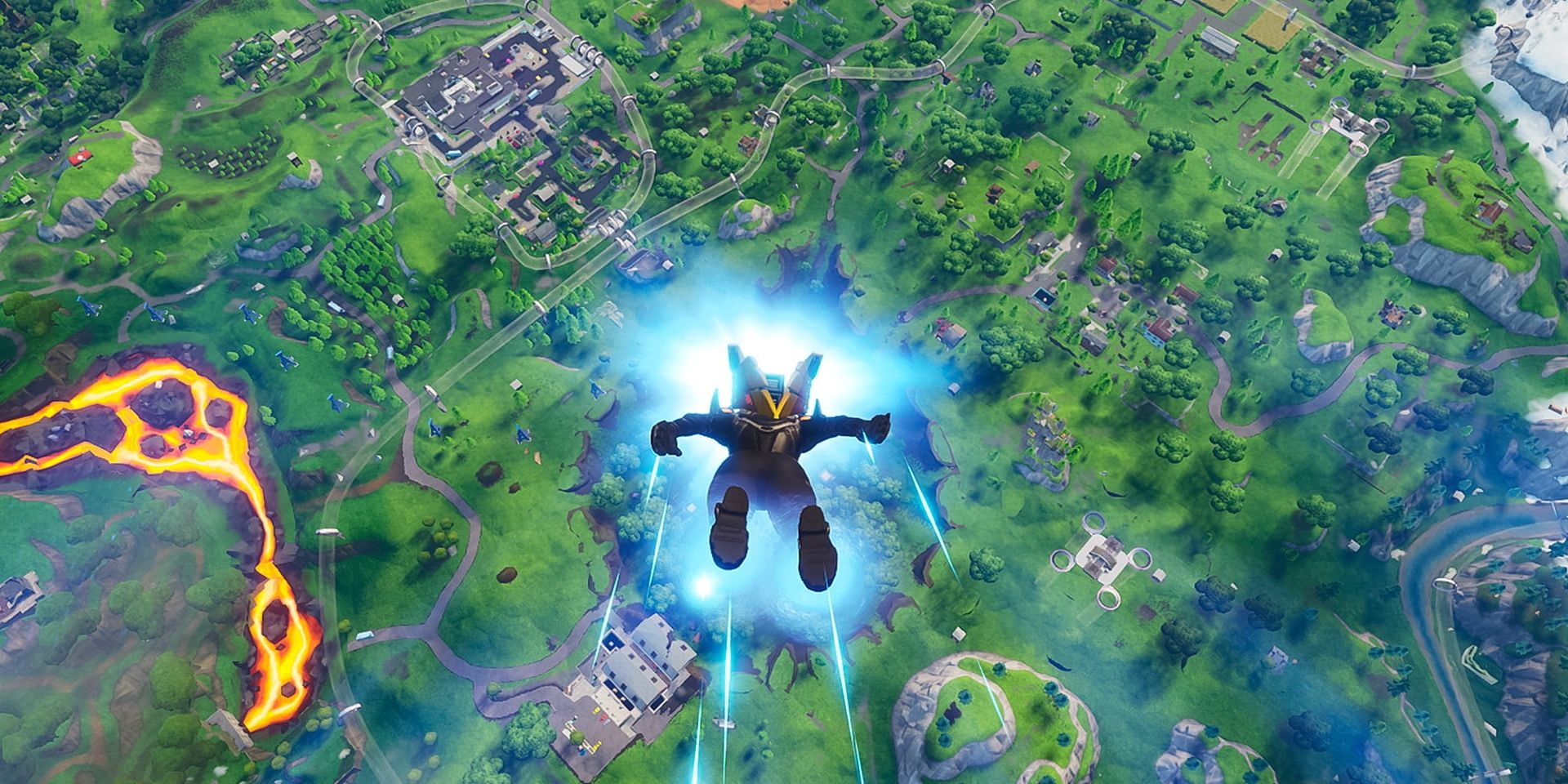 A player skydiving into a map in Fortnite