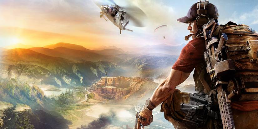 Man crocuhing with helicopter in the distance