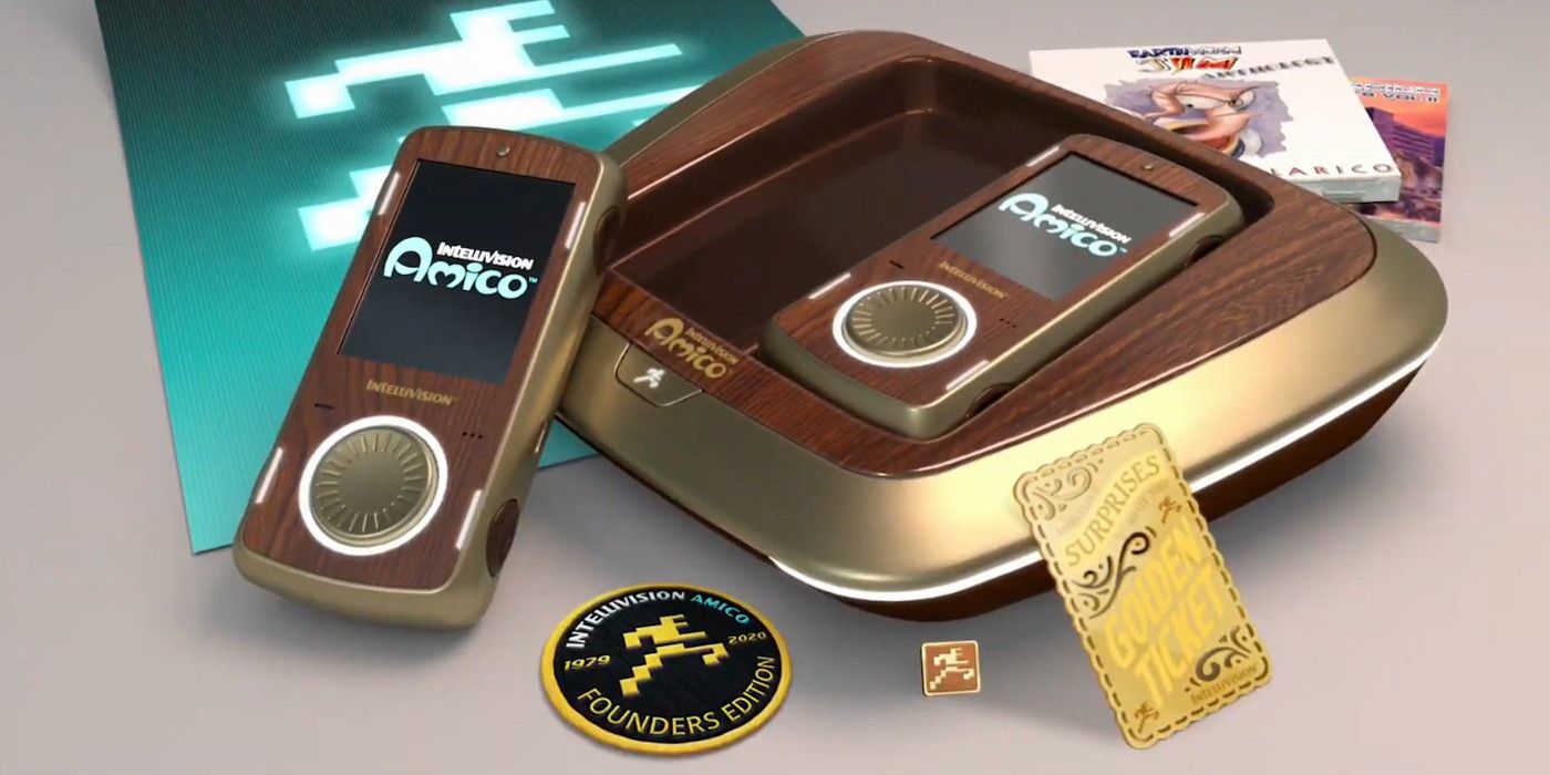Intellivision Amico Founders Edition features a wood and gold console.