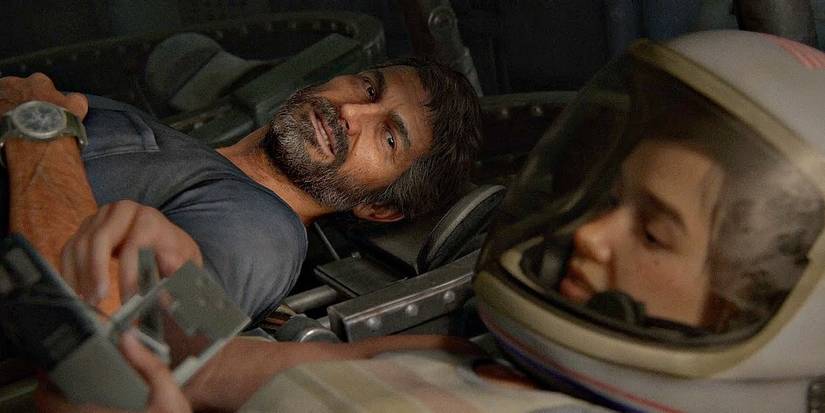 joel and ellie in a space shuttle