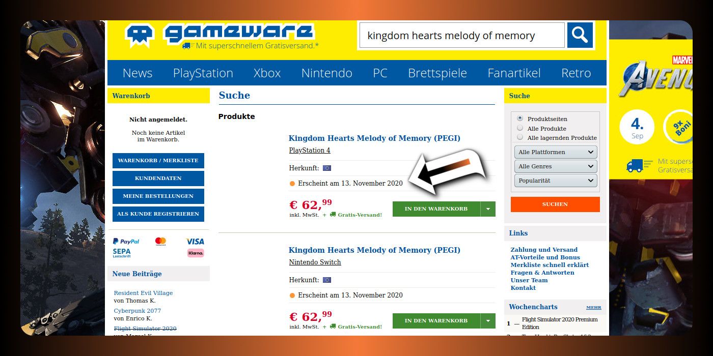 GameWare lists Kingdom Hearts Melody of Memory at €62.99 coming out November 13th.