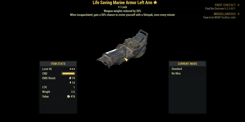 Menu screen from Fallout 76 showing an armor piece with the Life Saving Legendary Effect