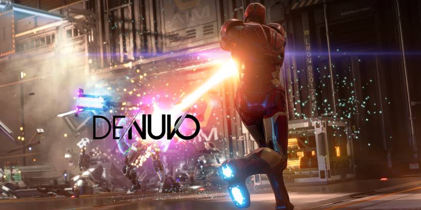 Denuvo DRM logo over screenshot of Iron Man in Marvel's Avengers