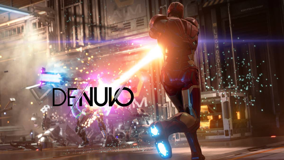 Denuvo DRM logo over screenshot of Iron Man in Marvel's Avengers