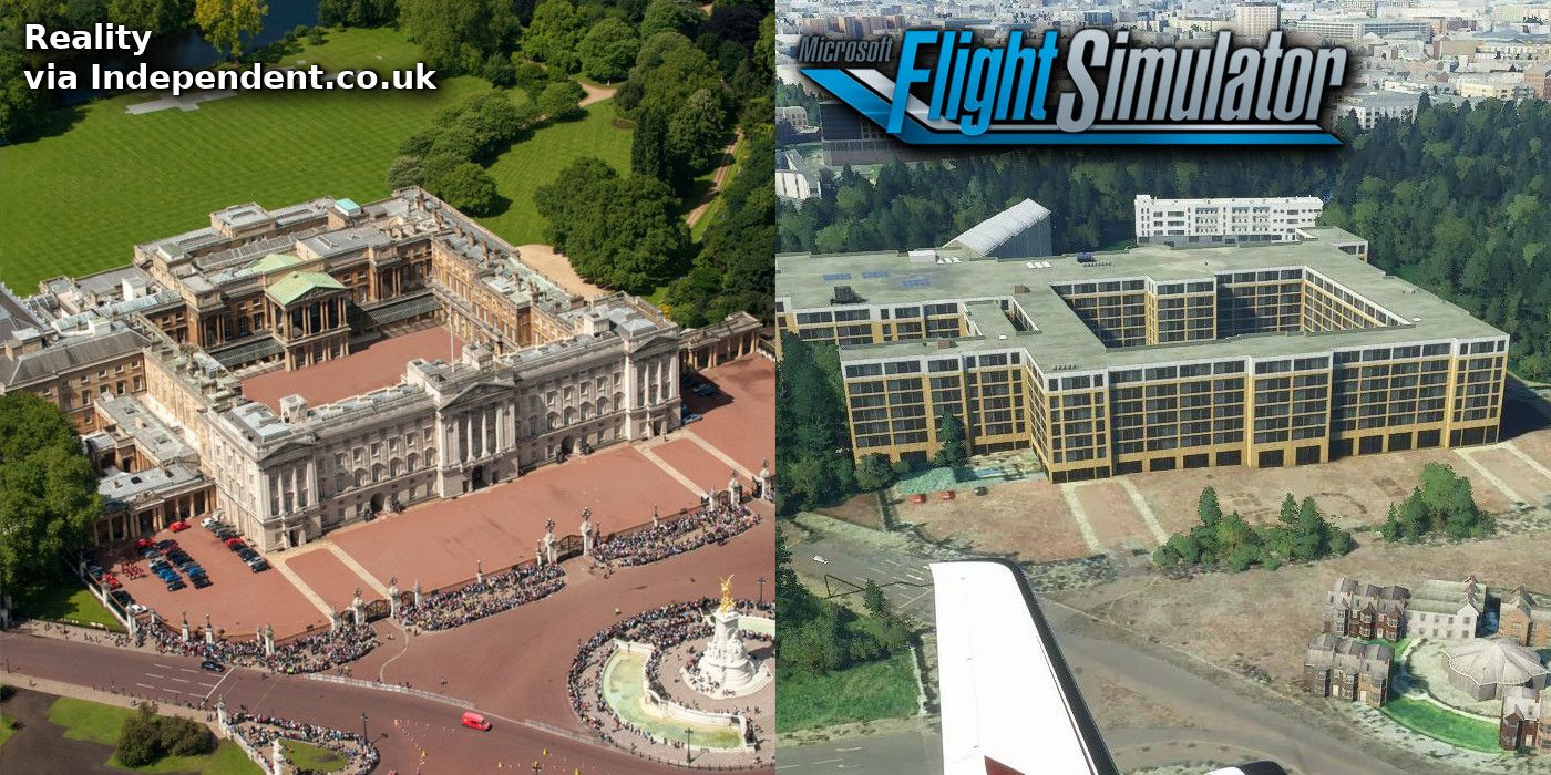 Microsoft Flight Simulator's version of Buckingham Palace looks strikingly different from the real thing.