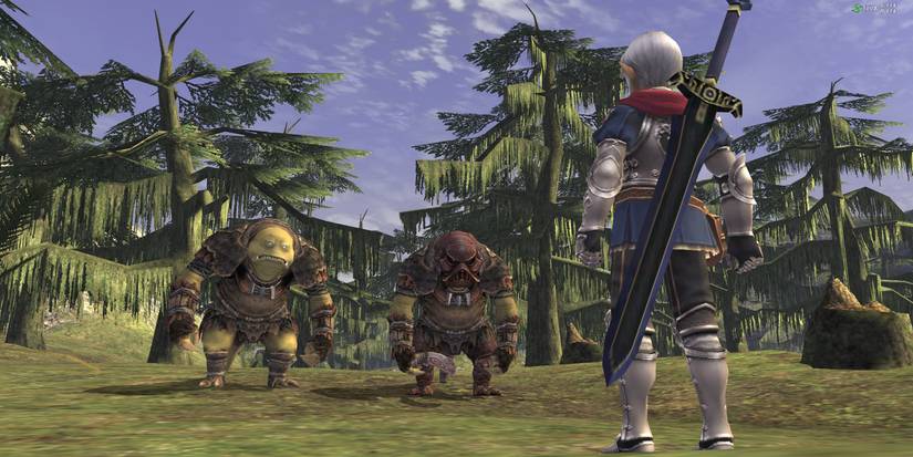 Final Fantasy 11 character standing up to monsters