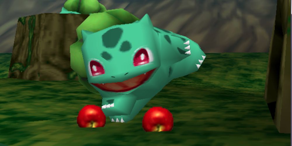 n60 game footage of a bulbasaur about to eat an apple.