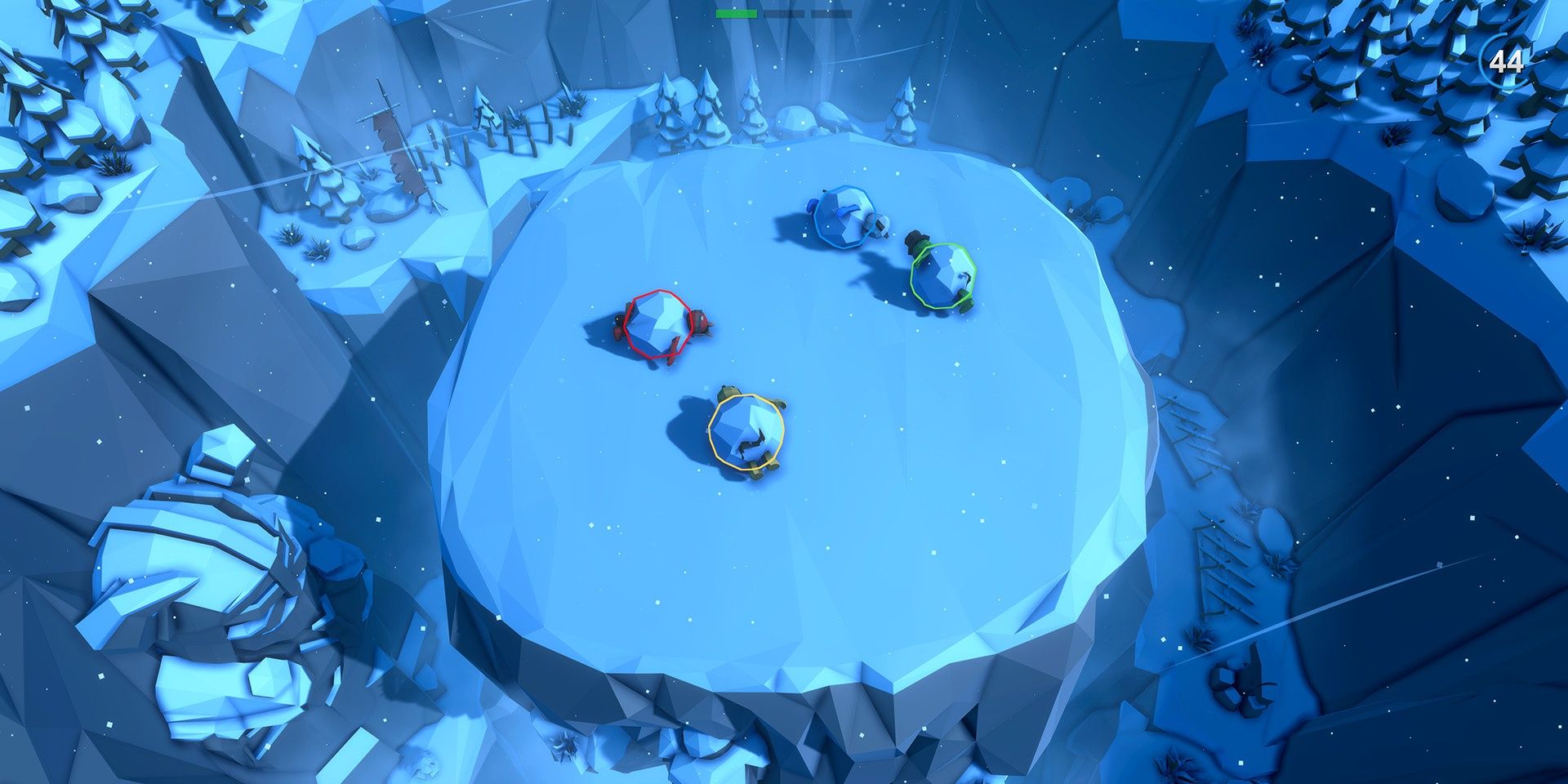 Four players portrayed as snowballs on a stage of ice in Pummel Party